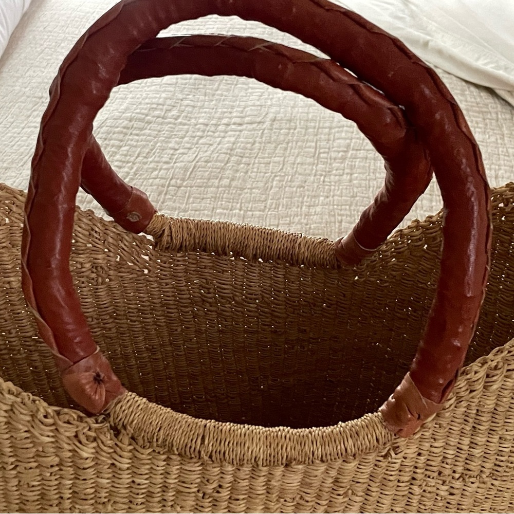 S. African Handmade Straw Genuine Leather Camel Large Tote Bag NWOT New! - Picture 4 of 11